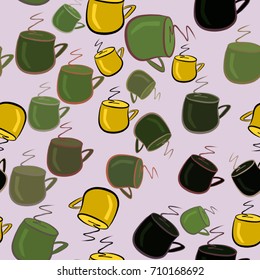 Seamless coffee cup illustrations background abstract, hand drawn. Cartoon style vector graphic.