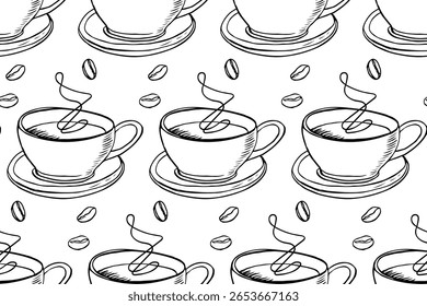 Seamless Coffee cup pattern. Hot drink and coffee beans print. Restaurant menu or kitchen wallpaper design. Sketch Vector Repeated background for wallpaper, wrapping, packing, textile, scrapbooking.