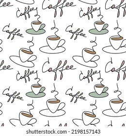 Seamless coffee cup pattern vector. Abstract line backdrop illustration with handwritten lettering. Wallpaper, background, fabric, textile, print, wrapping paper or package design.