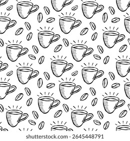 Seamless Coffee Cups and Beans Doodle Pattern