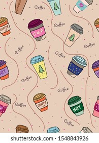 seamless coffee cups vector pattern, plastic coffee cups, coffee to go, cartoon coffee cups