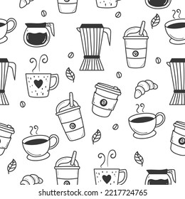 Seamless coffee doodle pattern with a black and white design suitable for background or wallpaper