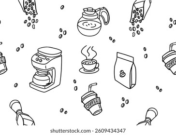 Seamless Coffee Doodle Pattern – Hand Drawn Black and White Coffee Icons