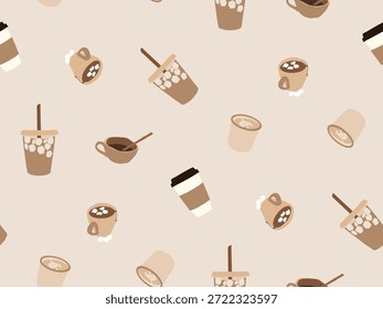 Patrón inconsútil de la bebida del café con las bebidas calientes y heladas en estética marrón neutral