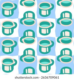 Seamless Coffee Mug Pattern Design. Seamless pattern with stylized green mugs in top and side view on a blue and white checkered background. Cartoon flat style, bold color palette.