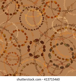 Seamless coffee pattern background. Coffee beans circles and calligraphy circles. Espresso, cappuccino handwritten texture for coffee or cocoa packaging, wrapping paper, coffee menu, cafeteria.