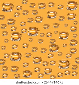Seamless coffee pattern background with cute cartoon cups of coffee and coffee beans on an orange backdrop. Perfect for café designs, packaging, menus, wallpaper, or textile and branding visuals