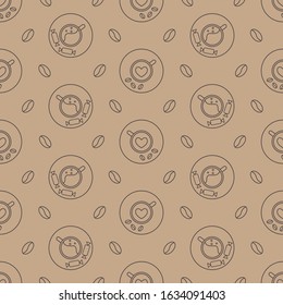 Seamless coffee pattern. Beige background for coffee shop wrapping Kraft paper. Coffee mugs, coffee beans, heart, candy. Vector illustration.