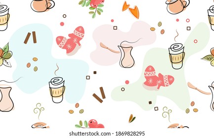 Seamless coffee pattern with berries and mittens. Vector design.