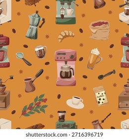 Seamless coffee pattern with brewery and barista tools, coffee makers. Food and drink background for cafe or coffee shop designs.