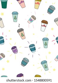 seamless coffee pattern, coffe cups, coffee pattern, coffee vector, winter cups, take away cups, fun coffee