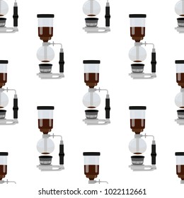 Seamless coffee pattern consisting of coffee, airpress on a yellow background. Siphon prints for coffee houses. Creative coffee pattern, siphon vector background. Colorful bright pattern