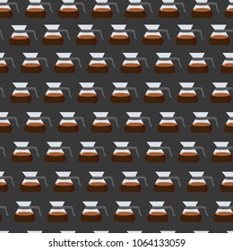 Seamless coffee pattern consisting of coffee, airpress on a yellow background. Prints for coffee houses, establishments. Creative coffee pattern, vector background. Colorful bright pattern