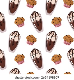 Padrão de café sem costura com bebida cremosa e muffin. Textura deliciosa para marca de café, embalagem de alimentos, design de menu, decoração de parede, embalagem de padaria, fundo da Web, Scrapbooking, cafeteria