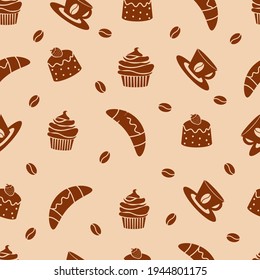 seamless coffee pattern with croissants and buns