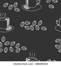 Seamless coffee pattern with cup and beans. Hand drawn illustration in sketch style on black background.