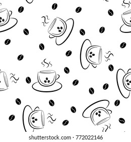 Seamless coffee pattern with coffee cup and coffee beans. Illustration in line style on white background. For wrapping, wallpaper.