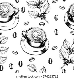 Seamless coffee pattern with cup of cappuccino, branch of coffee and coffee beans. Hand drawn illustration. Ink drawn. Vintage style.
