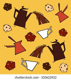 Seamless Coffee Pattern with coffee cups, pots and cookies - warm colors