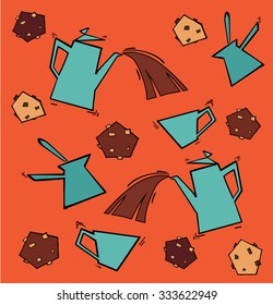 Seamless Coffee Pattern with coffee cups, pots and cookies - orange background