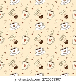 Nahtloses Kaffeemuster mit süßen Tassen, Herzen und handgezeichneten Schriftzügen, gemütliche romantische Illustration in warmen Pastellfarben. Valentinstag