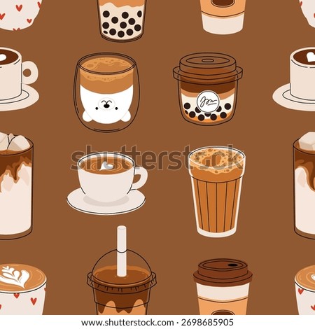 Seamless coffee pattern with cute drinks. Cartoon vector of cappuccino, latte, mocha, bubble tea, iced coffee, hot chocolate, and bear latte art. Cozy winter cafe design illustration.