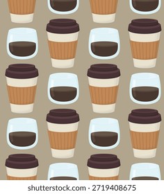 Padrão de café sem costura com copos descartáveis e de vidro. Fundo com bebidas quentes