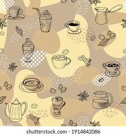 Seamless coffee pattern. Coffee, espresso, cappuccino, mochachino, glasse, set of coffee cups. 