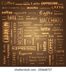 Seamless coffee pattern with gold text. Vector eps 10 illustration.
