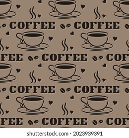 Seamless coffee pattern with hand drawn elements. Doodle Cup, hearts and coffee beans. Background for cafe, restaurant, coffee shop or menu. Vector illustration.