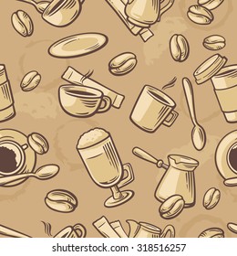 Seamless Coffee Pattern hand drawn vintage vector illustration. Isolated on white background. Hand drawn design element for label and poster