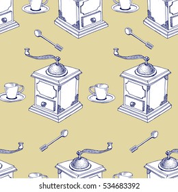Seamless Coffee Pattern hand drawn vintage vector illustration.