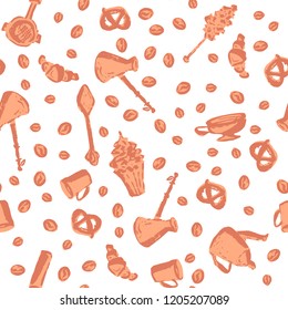 seamless coffee pattern, hand-drawn dessert spoon, cupcake, mug, Turk, pretzel, croissant, teapot, holder, coffee beans, suitable for packaging in a coffee shop, eps10