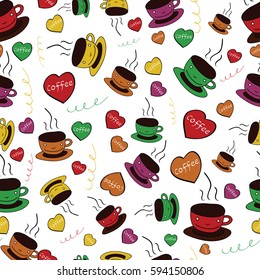Seamless coffee pattern with hearts and stripes