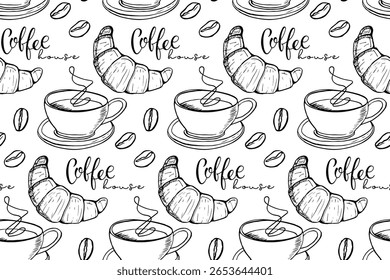 Seamless Coffee pattern. Hot drink cup with croissant, coffee beans and Coffee house text. Sketch Vector Repeated background for wallpaper, wrapping, packing, textile, scrapbooking.