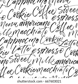 Patrón de café impecable. Café, Latte, Leche, Macchiato, frases Americanas. Ilustración de tinta. Ornamento dibujado a mano para envolver papel.