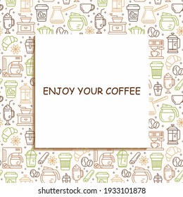Seamless coffee pattern with line style icons. Coffee shop or cafe background with place for text. Banner or flyer. 