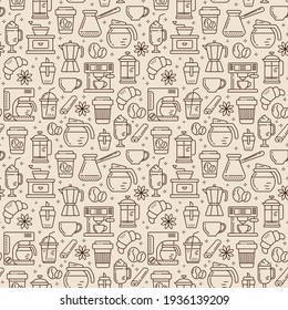 Seamless coffee pattern with line style icons. Coffee shop or cafe background.	