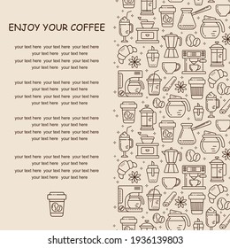 Seamless coffee pattern with line style icons. Coffee shop or cafe background, flyer, label, banner. Cafe menu.	