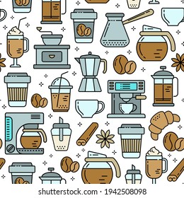 Seamless coffee pattern with line style icons. Coffee shop or cafe background.	