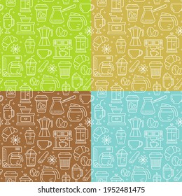 Seamless coffee pattern with line style icons. Coffee shop or cafe background.	