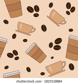 Seamless coffee pattern with coffee mugs, disposable coffee cups and coffee beans in the shades of brown and beige