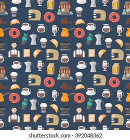 seamless coffee pattern on blue background. vector illustration