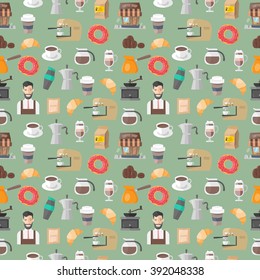 seamless coffee pattern on green background. vector illustration