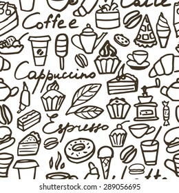 Seamless coffee pattern on a white background. Hand drawing. Vector illustration