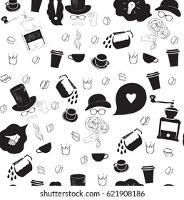 Seamless coffee pattern on white background. Vector illustration.