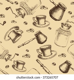 Seamless coffee pattern. Sketch style for design