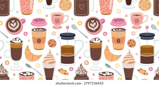 Seamless coffee pattern with takeaway cups, latte art, desserts and French press. Cozy cafe design for barista branding and specialty coffee themes. Vector illustration on white background