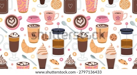 Seamless coffee pattern with takeaway cups, latte art, desserts and French press. Cozy cafe design for barista branding and specialty coffee themes. Vector illustration on white background