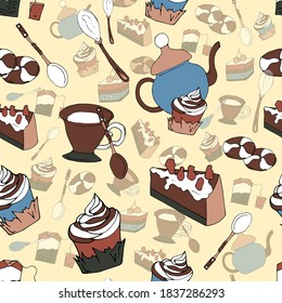 Seamless coffee pattern. Teapot, tea, cup and cake on a yellow background drawn by hand.